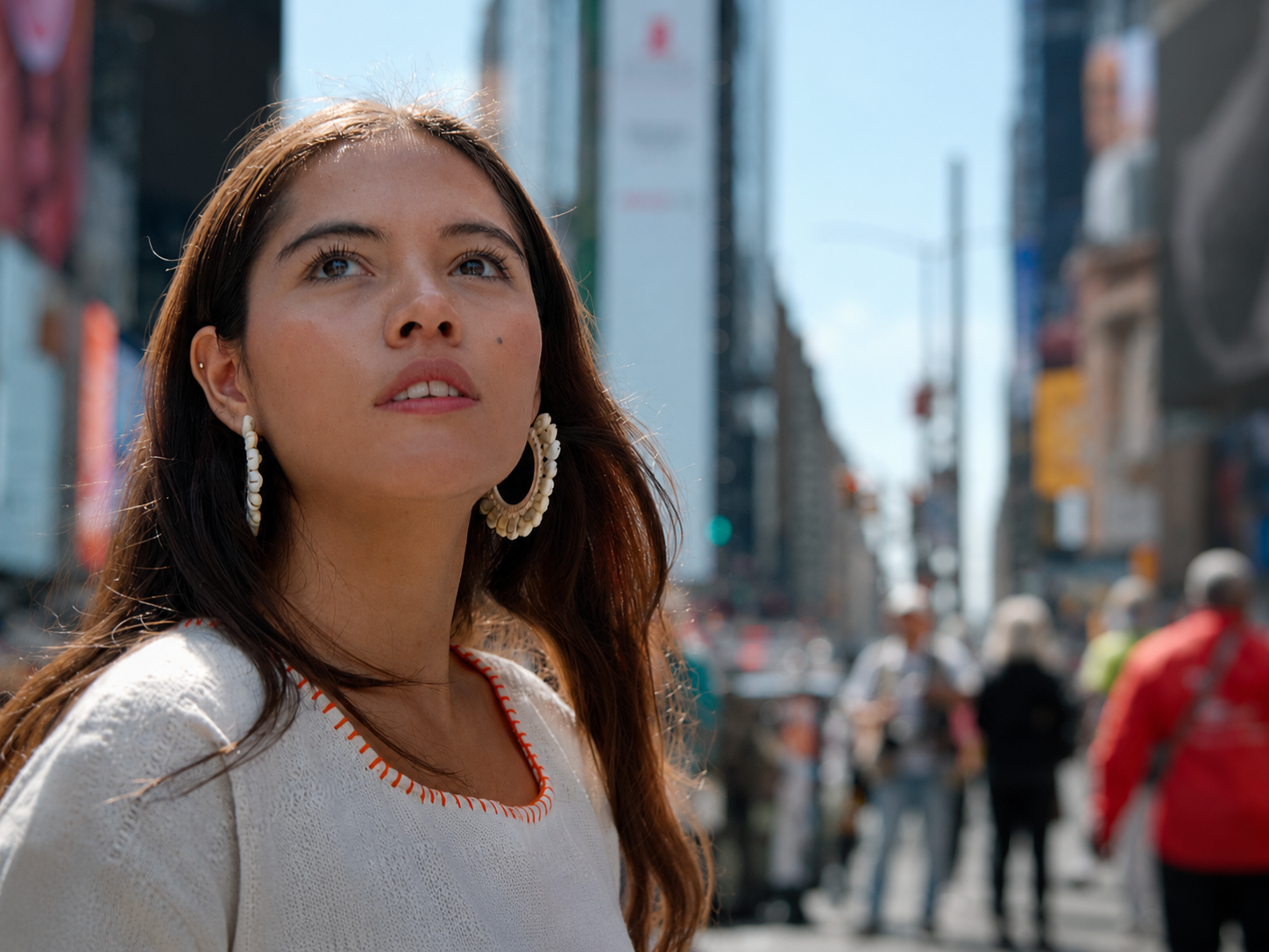 Xiye Bastida filming in Time Square, New York City, for How to Live on Earth.
